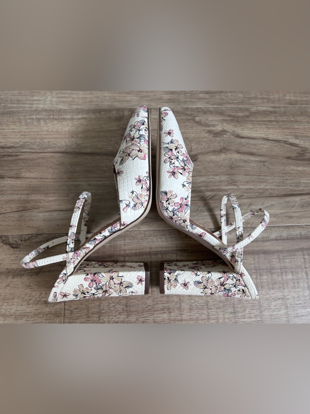 Floral vegan Pointed-Toe Block Heel strappy Mules White pink flowers summer - Picture 7 of 9
